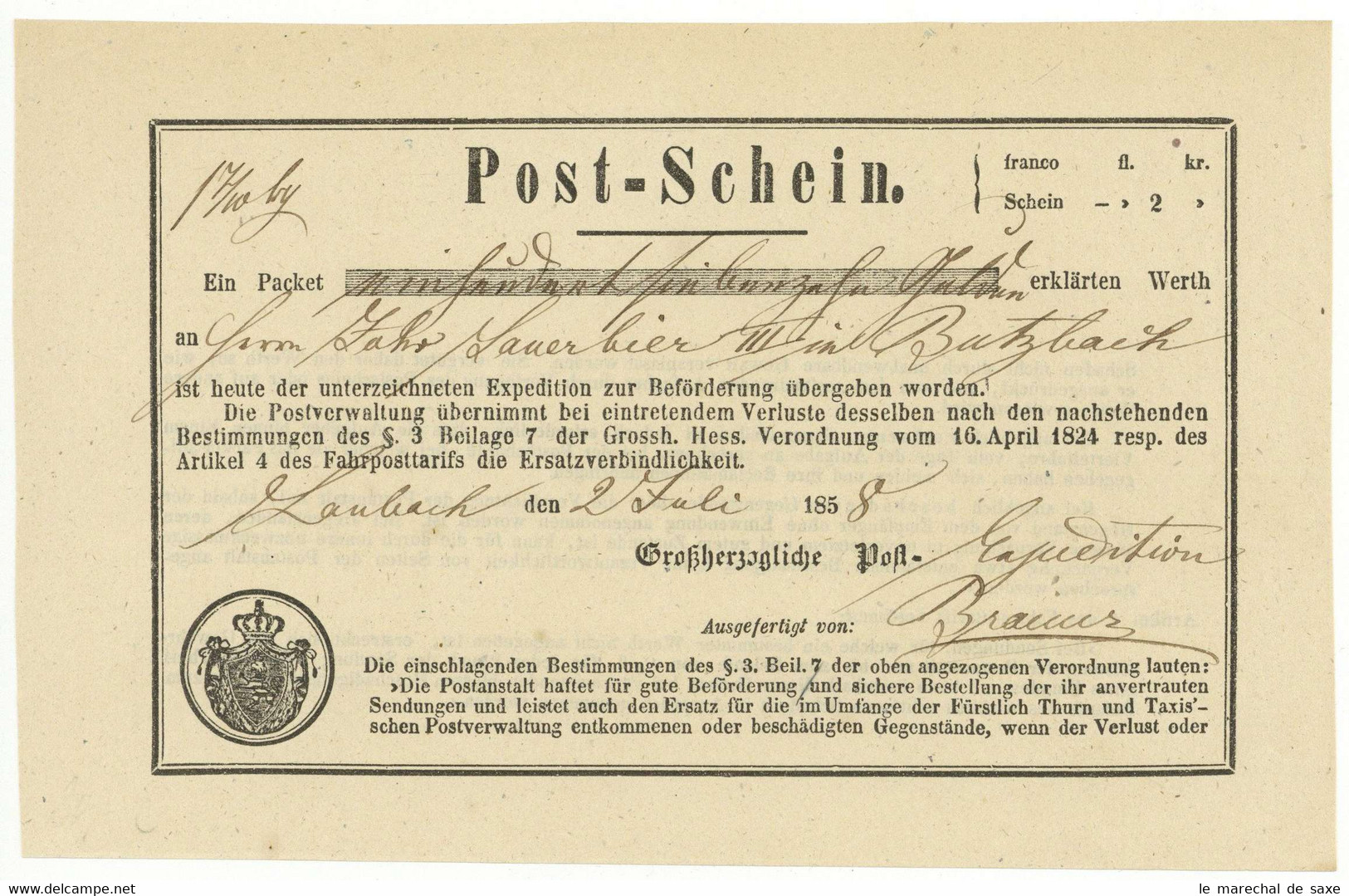 Laubach Hessen 1858 Postschein Hessen Butzbach - 1800 – 1899