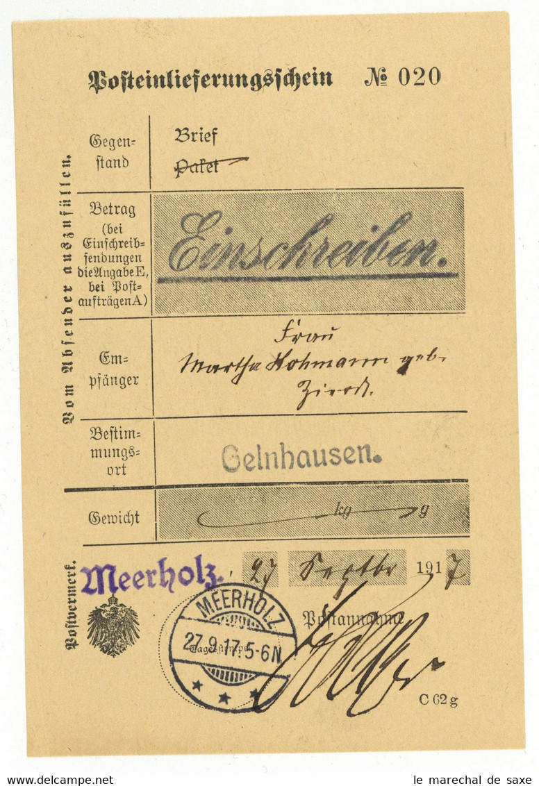 Meerholz Gelnhausen Hailer Einschreiben Postschein 1917 - 1900 – 1949