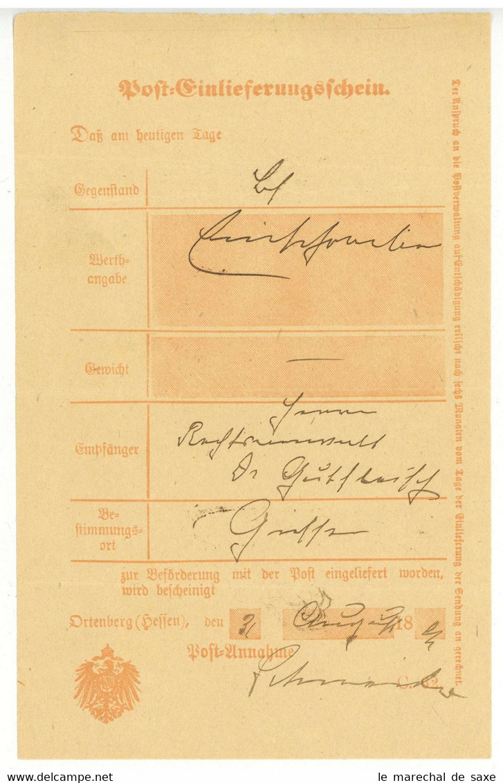 Ortenberg Postschein 1880er Jahre Gießen - 1800 – 1899
