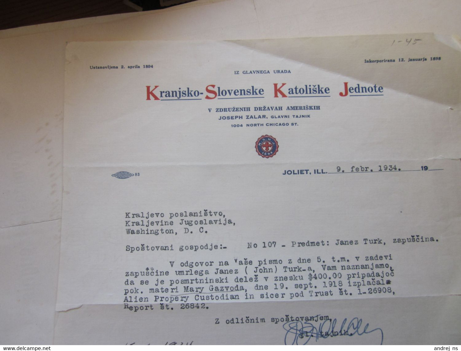 Joliet Ill 1934 Kranjsko Slovenske Katoliske Jednote  Joseph Zalar Signatures - USA