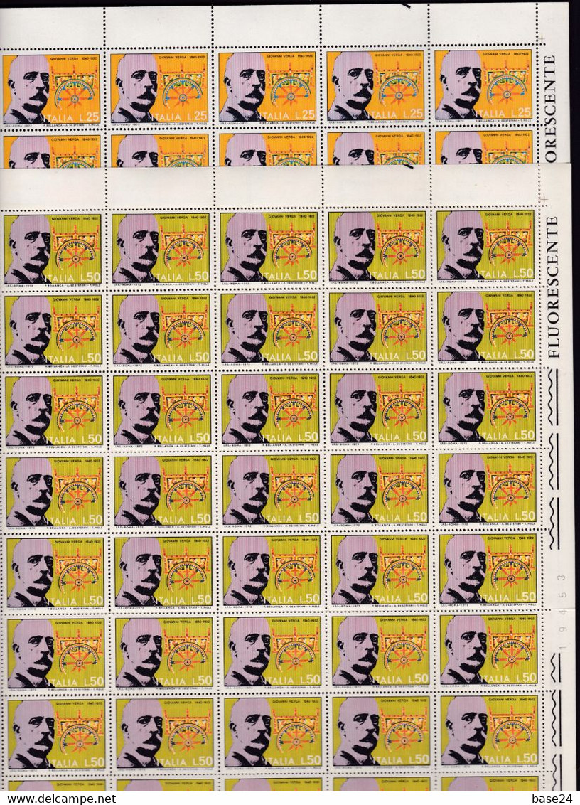 1972 Italia Italy Repubblica GIOVANNI VERGA 50 Serie Di 2 Valori In 2 Fogli MNH** 2 Sheets - Ganze Bögen