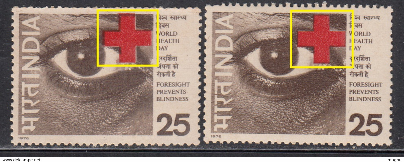 EFO, Colour Shift Variety, India MNH 1976, World Health Day, Eye Organ, Prevent Blindness, Disease, Disabled - Plaatfouten En Curiosa