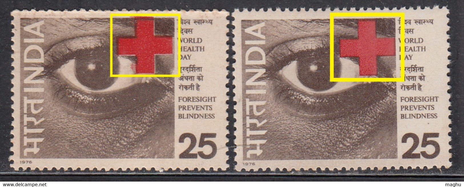 EFO, Colour Shift Variety, India MNH 1976, World Health Day, Eye Organ, Prevent Blindness, Disease, Disabled - Plaatfouten En Curiosa