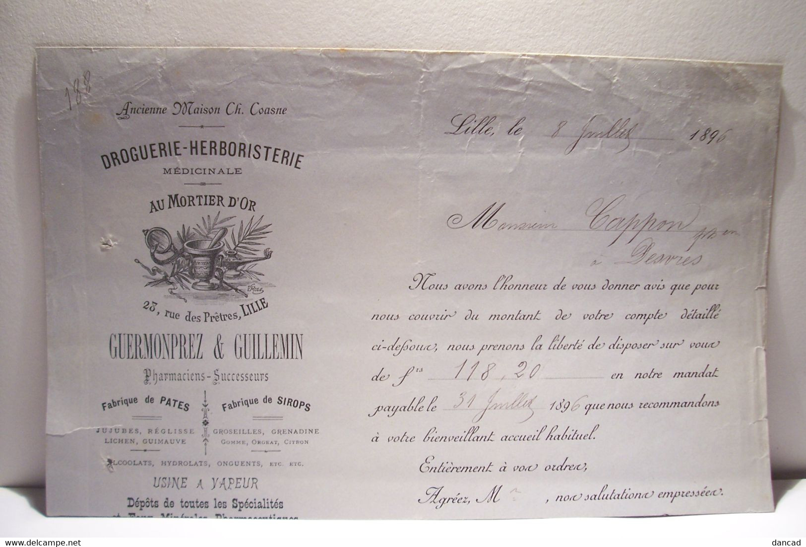 LILLE   -  25, Rue Des Pretres  - DROGUERIE -HERBORISTERIE " Guermonprez & Guillemin - Relevé De Compte 1896 - Droguerie & Parfumerie