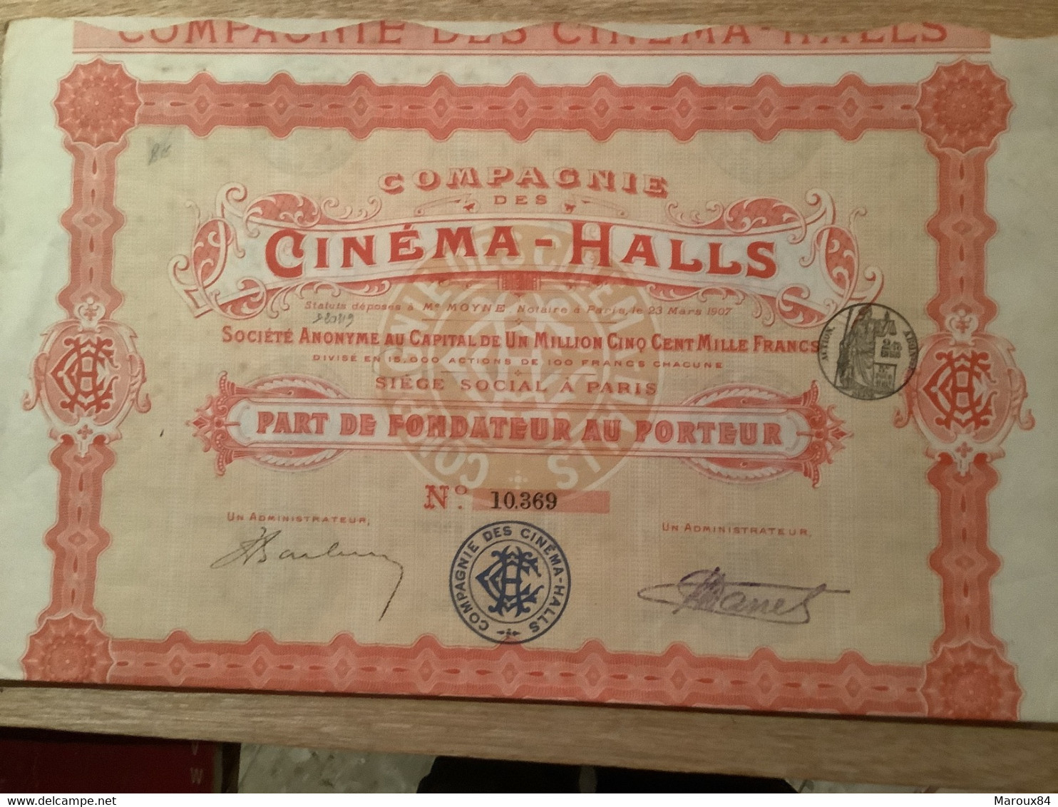 Compagnie Dés Cinéma-halls Part De Fondateur Au Porteur - Cinéma & Theatre