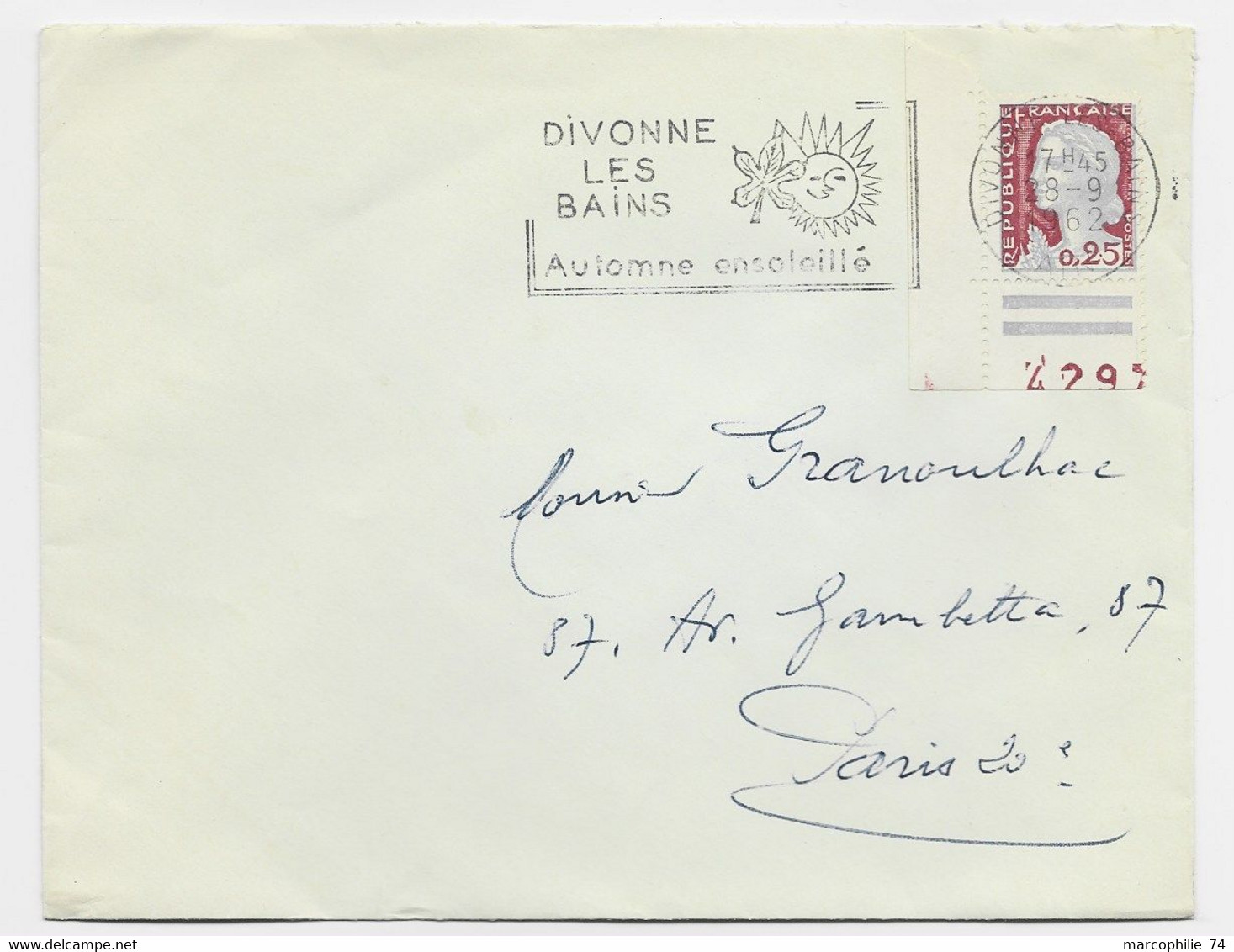 FRANCE N° 1263 BDF NUMERO ROUGE 4297 LETTRE DIVONNE LES BAINS 28.9.1962 - 1959-1960 Marianne (am Bug)