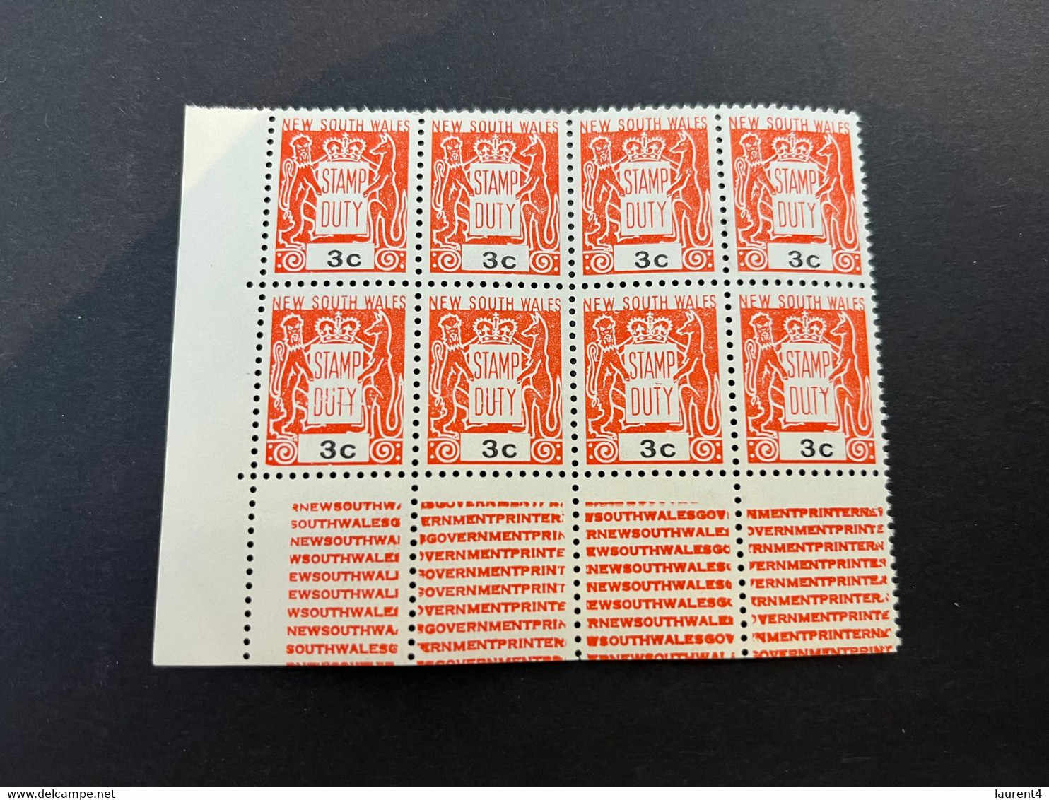 (stamp 19-10-2022) Mint - Australia - Stamp Duty (bloc Of 8 With Tab) 1 Cent Green & 3 Cents Orange - Fiscale Zegels