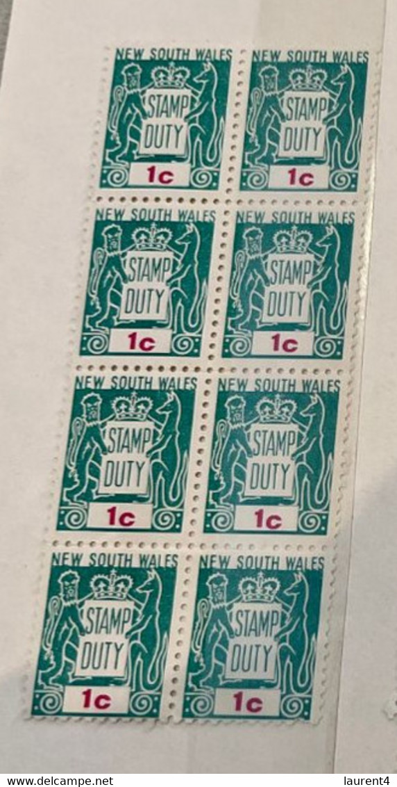 (stamp 19-10-2022) Mint - Australia - Stamp Duty (bloc Of 8) 1 Cent Green & 10 Cents Blue - Steuermarken