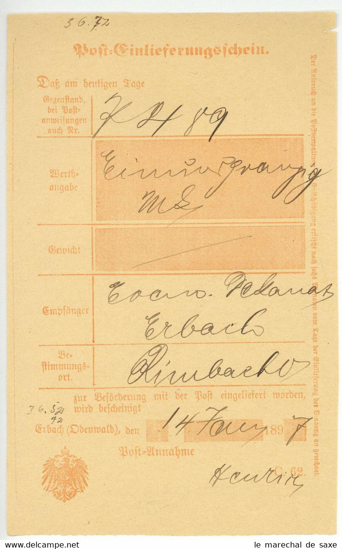 Erbach Odenwald 1897 Postschein - 1800 – 1899