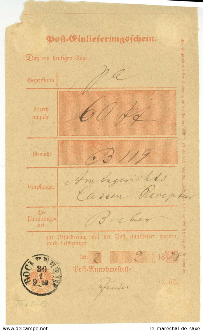 Bockenheim Frankfurt 1878 Nach Bieber Postschein - 1800 – 1899