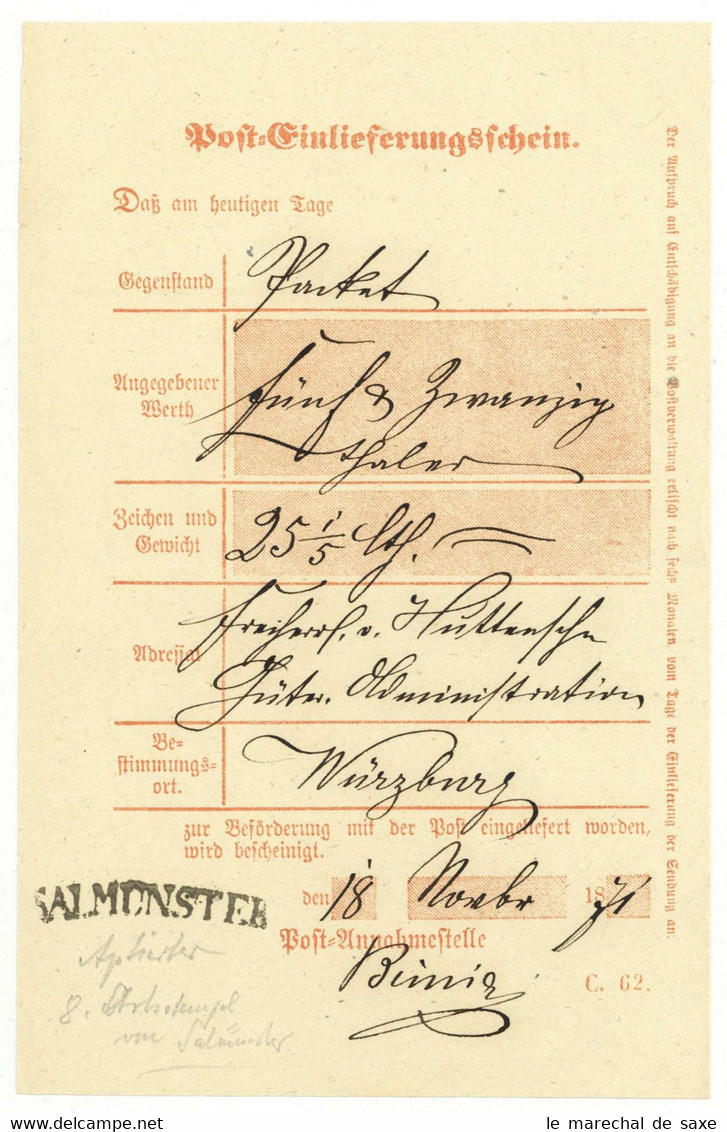 Salmünster 1871 Postschein Freiherr Von Huttensche Güter-Administration Würzburg - 1900 – 1949