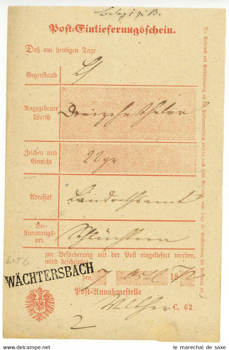 Wächtersbach 1872 Postschein Nach Schlüchtern - 1800 – 1899