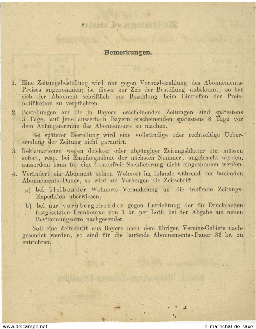 Burgsinn Spessart 1864 Zeitungsrechnung Kempf Königliche Oberpostamts-Zeitungs-Expedition - 1800 – 1899