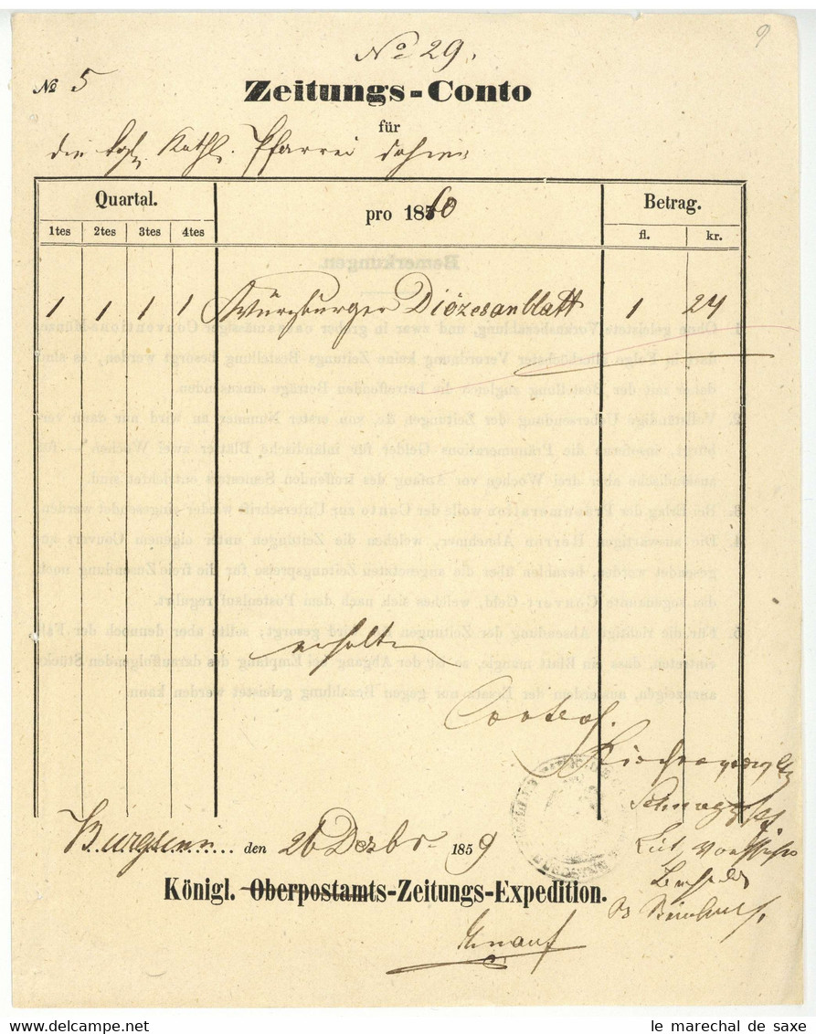 Burgsinn 1859 Zeitungsrechnung Knauf - 1800 – 1899