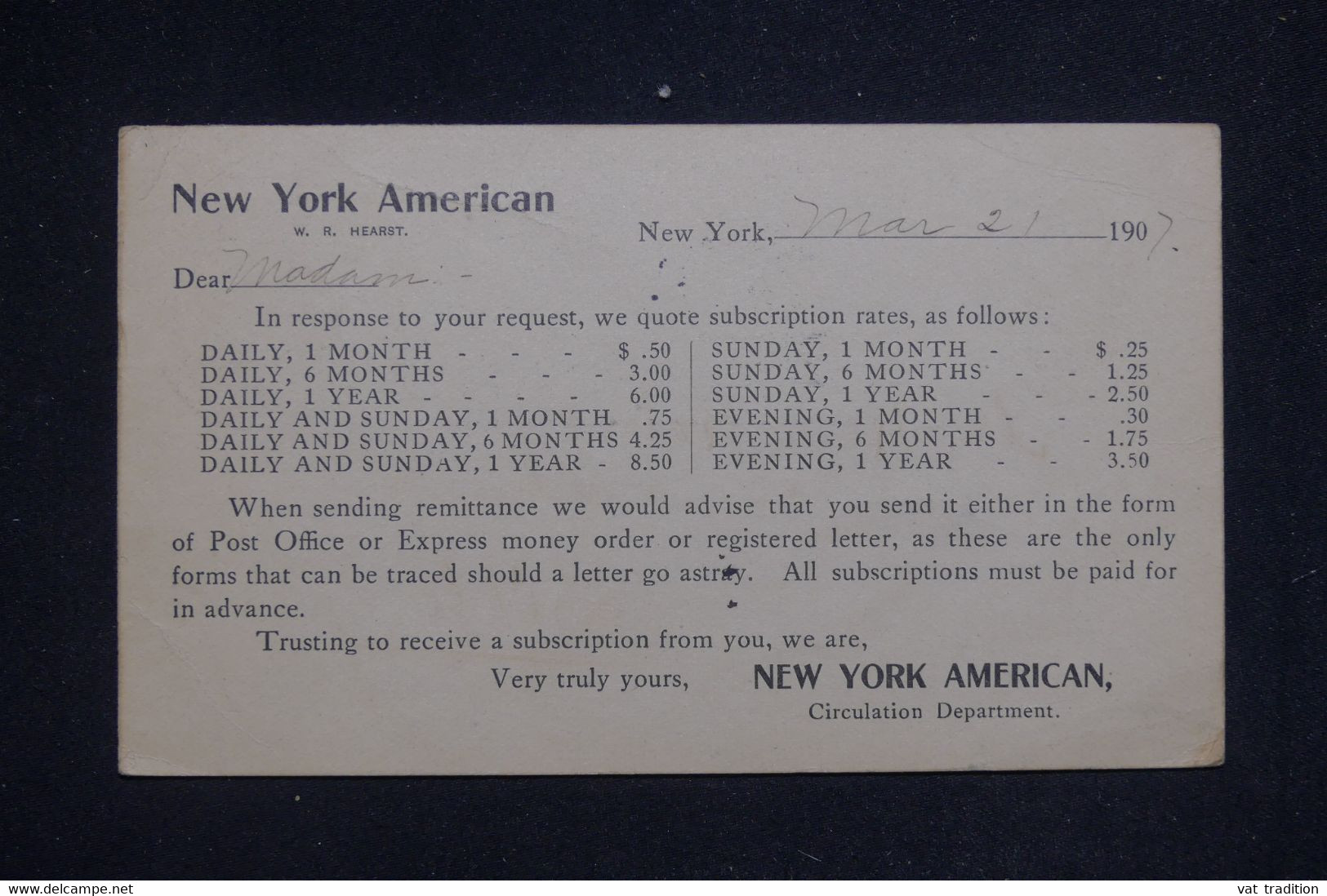 ETATS UNIS - Entier Postal Commercial De New York Pour La France En 1907 - L 132797 - 1901-20