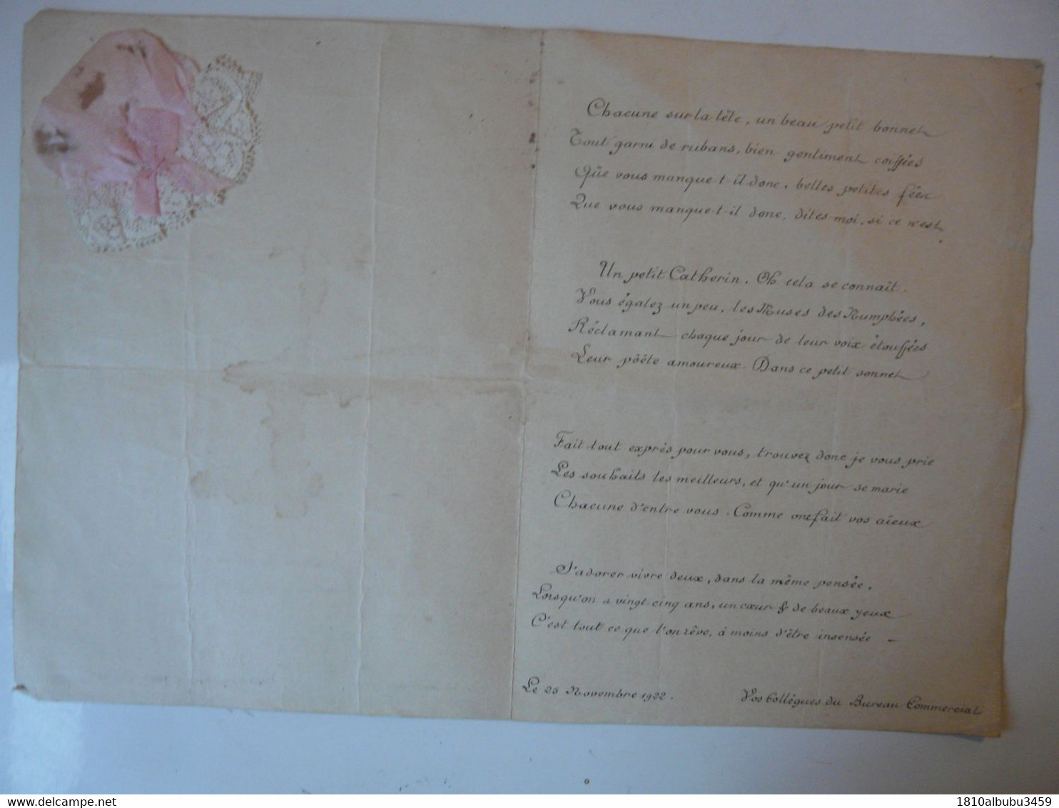 VIEUX PAPIERS - SONNET A "NOS PETITES CATHERINETTES" - Bank En Verzekering