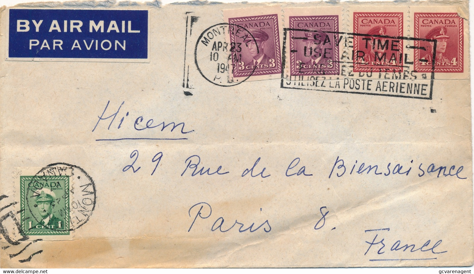 COVER 1947   MONTREAL TO PARIS FRANCE     2 SCANS - Covers & Documents