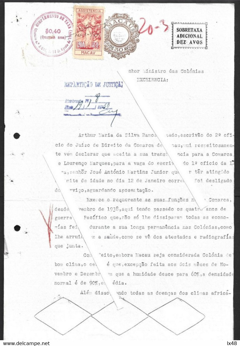 Raro Documento Fiscal Macau Stamp Assistência De 20A,1938. Rare Macau Tax Document With 20A Assistance Stamp Tuberculosi - Altri & Non Classificati