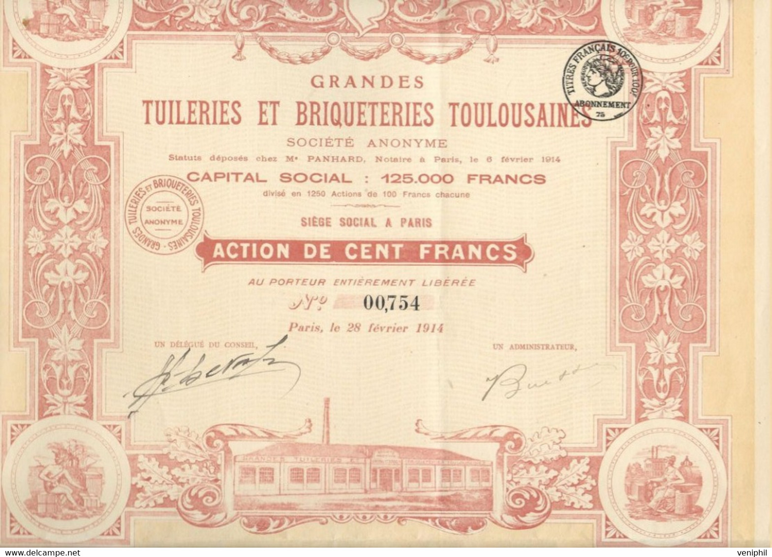 GRANDES TUILERIES ET BRIQUETERIES TOULOUSAINES-DIVISE EN 1250 ACTIONS ILLUSTREES  DE 100 FRS - ANNEE 1914 - Industrie