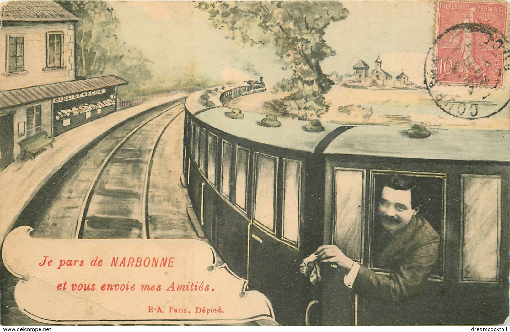 (XX) Carte Montage Gare Train Locomotive Voyageuse Voyageur. J'arrive Ou Pars NARBONNE 11 En 1907 - Narbonne