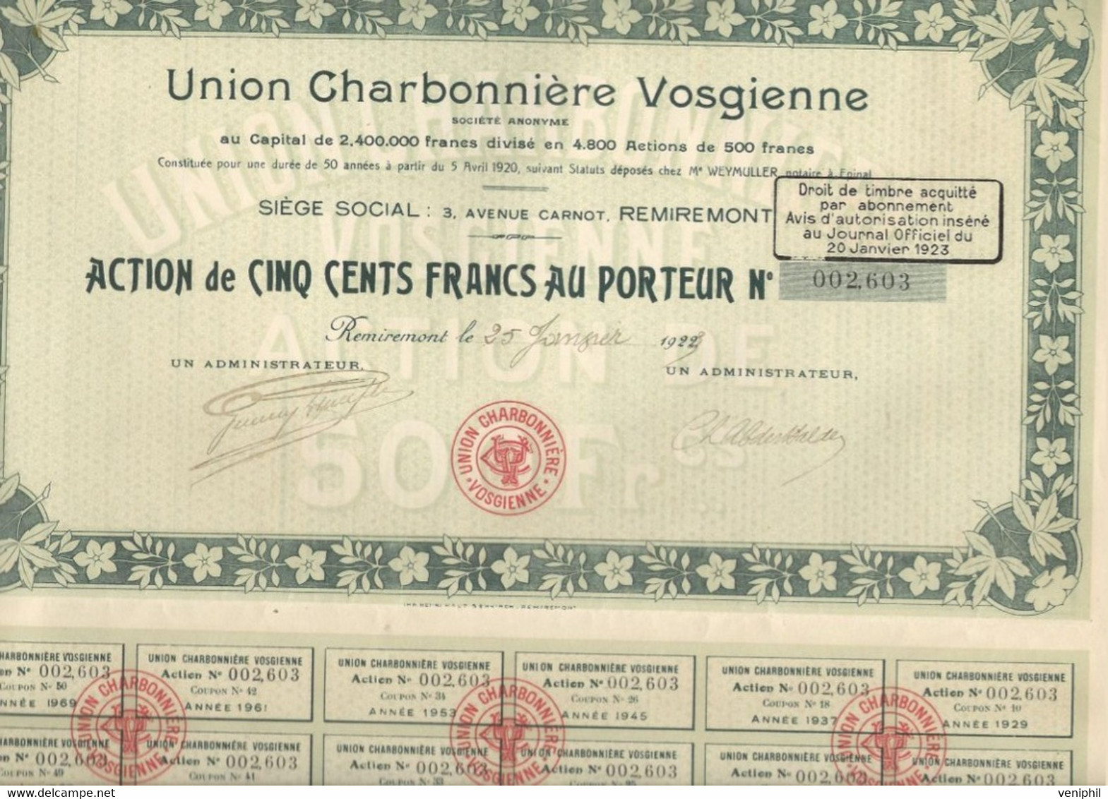 UNION CHARBONNIERE VOSGIENNE *DIVISE EN 4800 ACTIONS DE 50 FRS -REMIREMONT - ANNEE 1923 - Mines