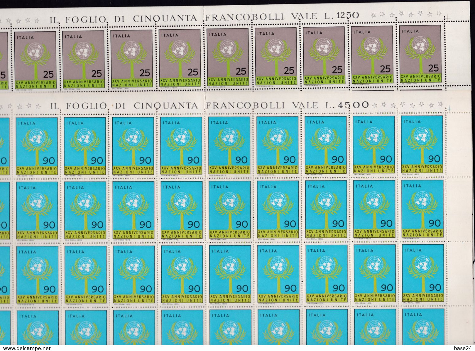 1970 Italia Italy Repubblica XXV ANNIVERSARIO NAZIONI UNITE 50 Serie Di 2v.in 2 Fogli MNH** XXV ANNIVERSARY ONU 2 Sheets - Ganze Bögen