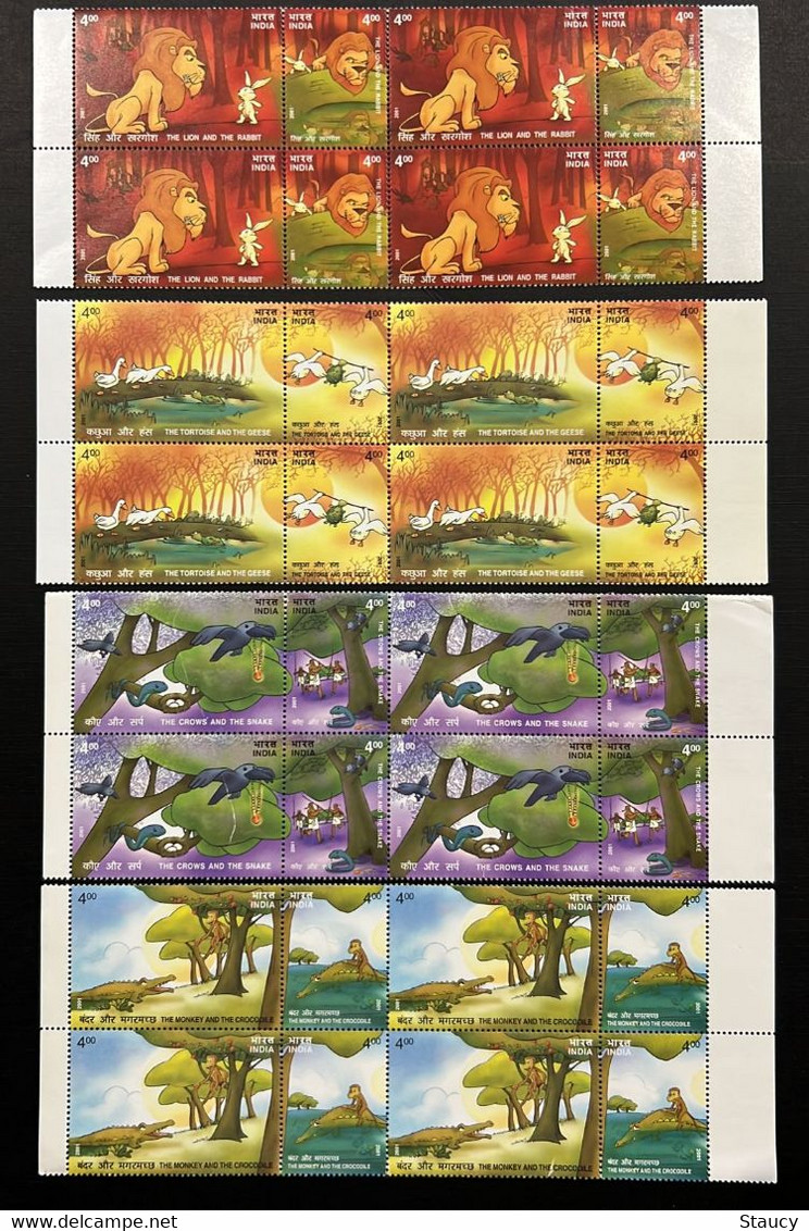 India 2001 STORIES OF PANCHATANTRA COMPLETE SET Of 4 SE-TENANTS In Block Of 4's (32 Stamps) MNH - Sparrows