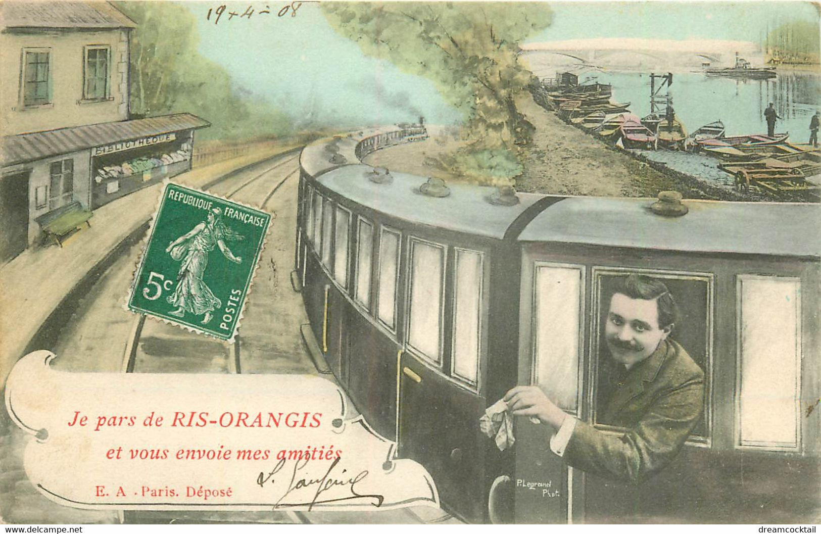 (XX) Carte Montage Gare Train Locomotive Voyageuse Voyageur. J'arrive Ou Pars RIS-ORANGIS 91 En 1908 - Ris Orangis