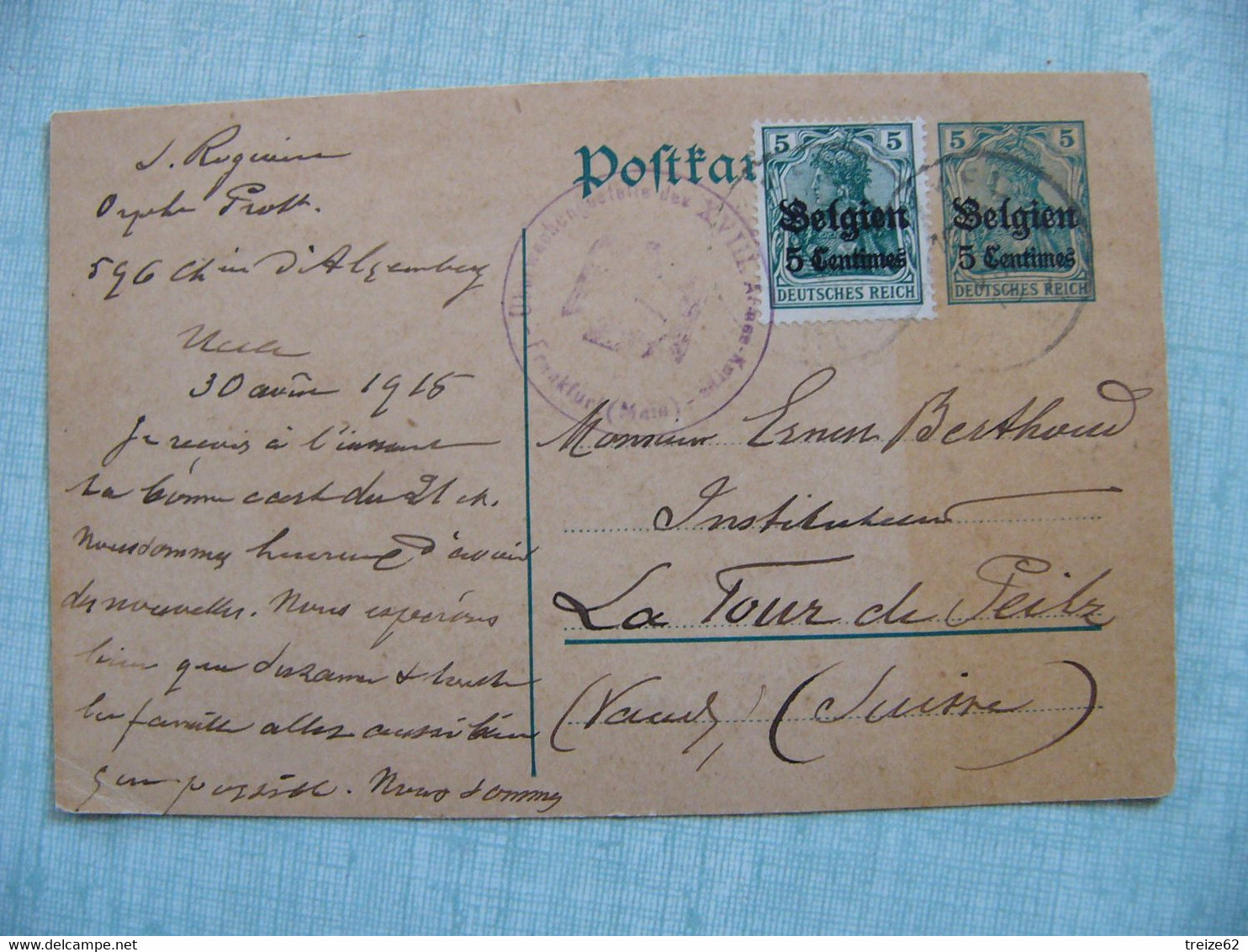 1915 Carte De Correspondance Timbres Allemands Surchargés BELGIEN 5 Centimes Adressée  à La Tour De Peilz SUISSE - Occupazione Tedesca