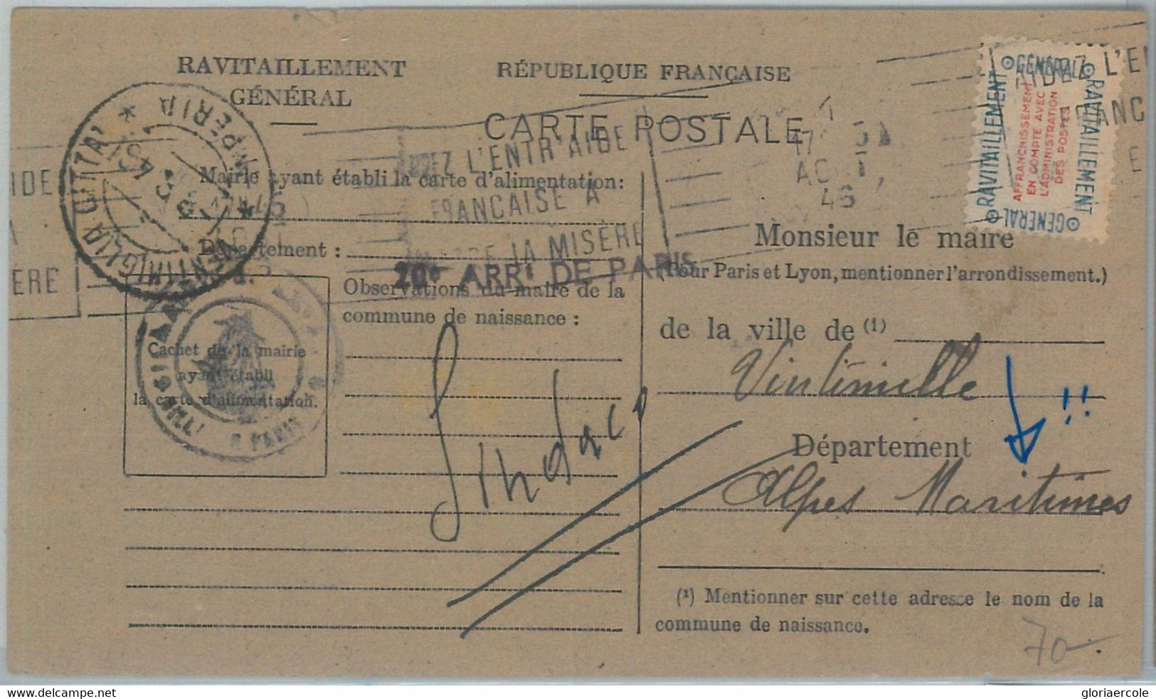 75140 - FRANCE - Postal History - SPECIAL CARD: Ravitaillement REFUELING 1946 - Andere & Zonder Classificatie