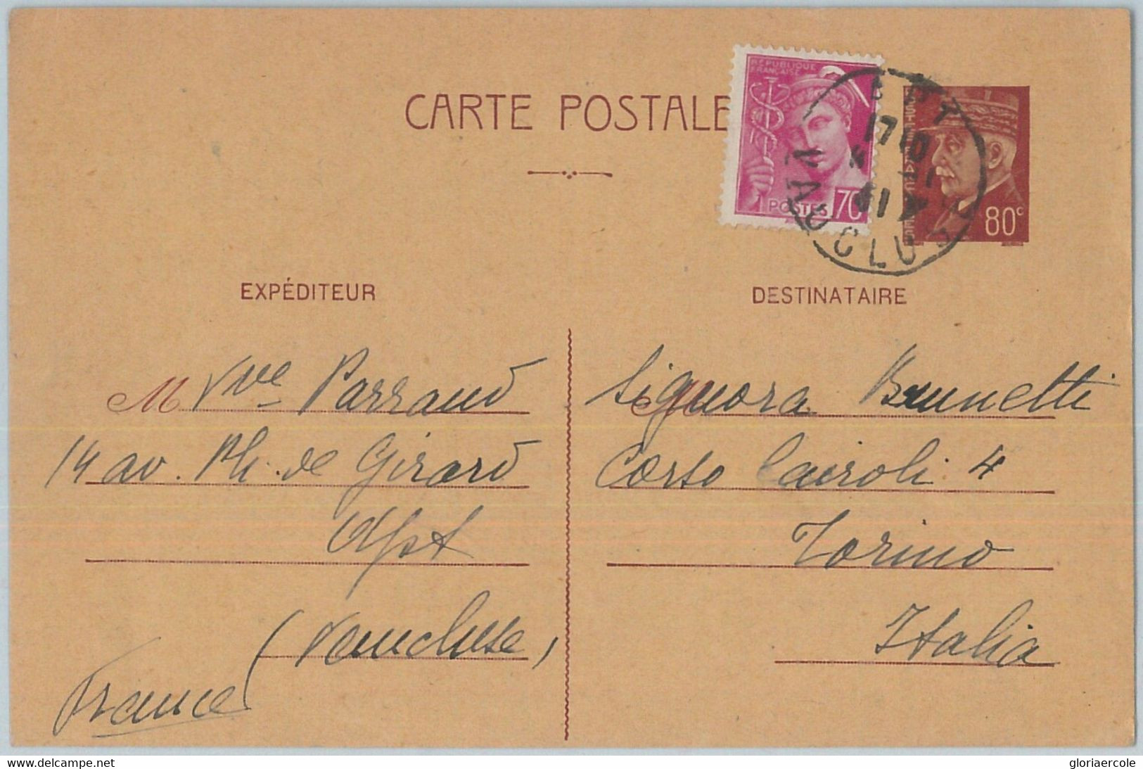 75155 - FRANCE - Postal History - STATIONERY CARD Added Stamps To ITALY 1941 - Andere & Zonder Classificatie