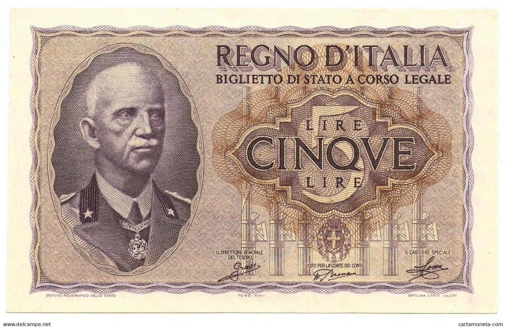 5 LIRE BIGLIETTO DI STATO VITTORIO EMANUELE III FASCIO 1940 XVIII FDS-/FDS - Sonstige