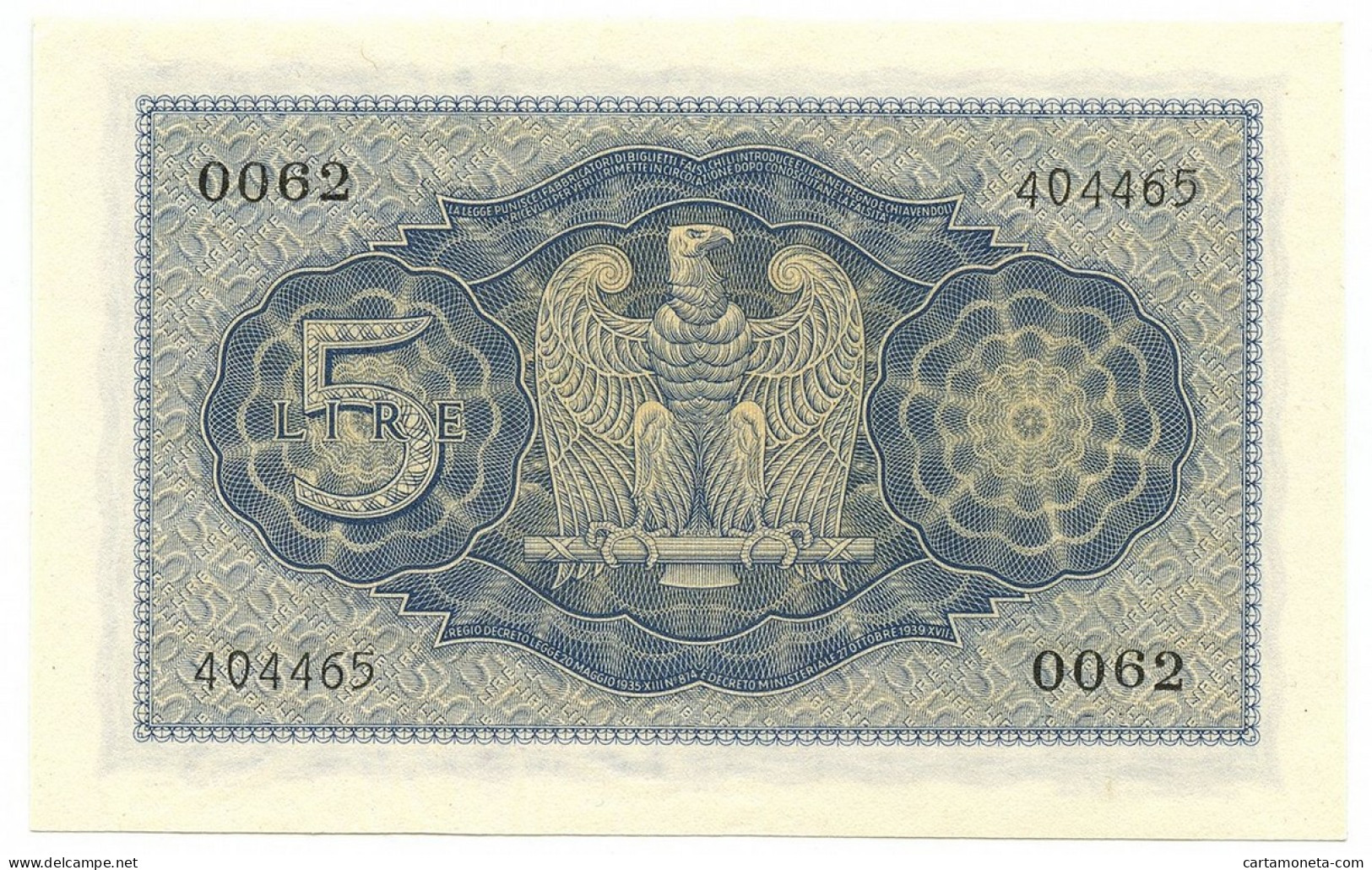 5 LIRE BIGLIETTO DI STATO VITTORIO EMANUELE III FASCIO 1940 XVIII FDS-/FDS - Sonstige