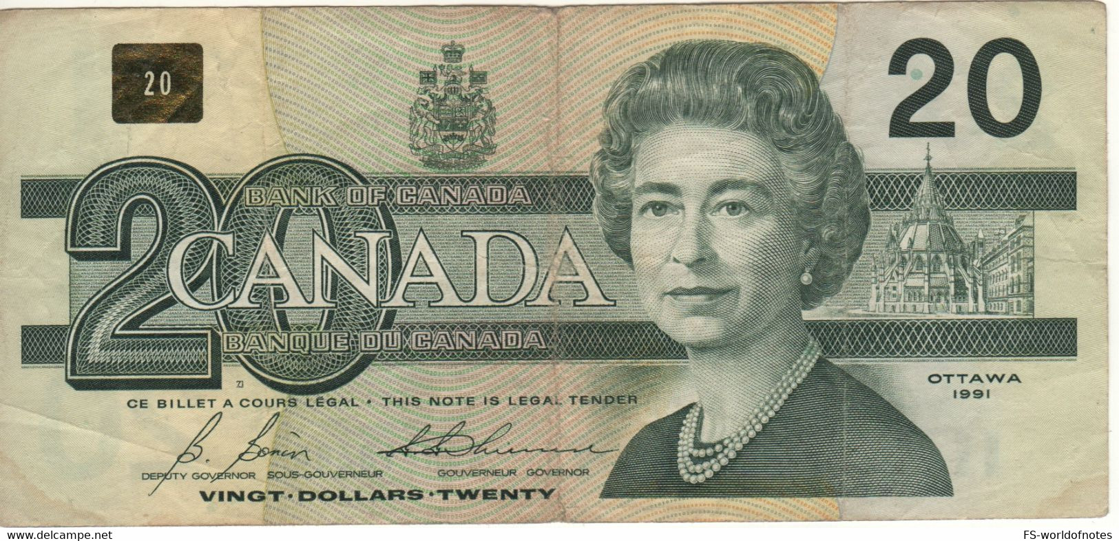 CANADA  $ 20 Dollars  P97b  1991 ( Queen Elizabeth II - Ducks Common Loon, At Back   Sign. Bonin-Thiessen) - Canada