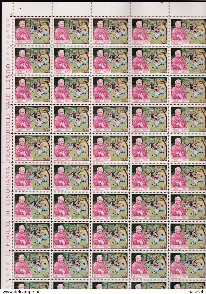 1970 Italia Italy Repubblica MONTESSORI 50 Serie In Foglio MNH** Sheet - Feuilles Complètes