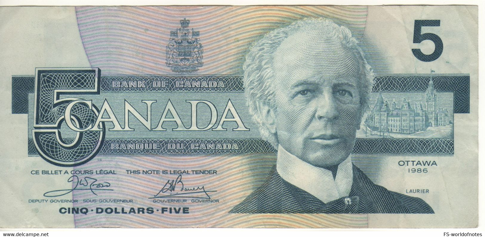 CANADA  $ 5 Dollars  P95a  1986 ( Sir Wilfrid Laurier + Kingfisher Bird  At Back  Sign. Crow & Bouey ) - Canada