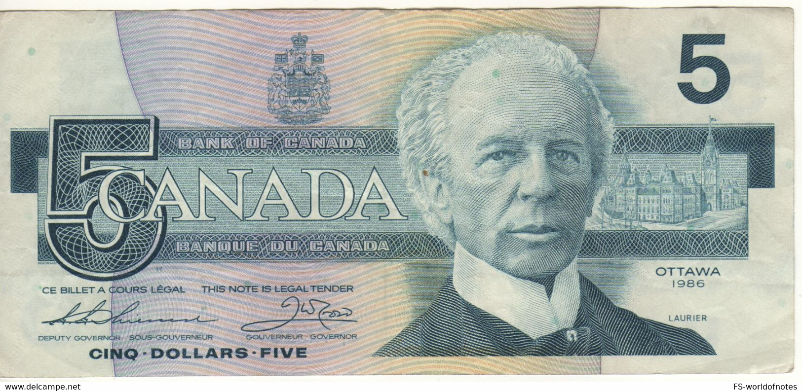 CANADA  $ 5 Dollars  P95b  1986 ( Sir Wilfrid Laurier + Kingfisher Bird  At Back  Sign. Thiessen & Crow ) - Canada