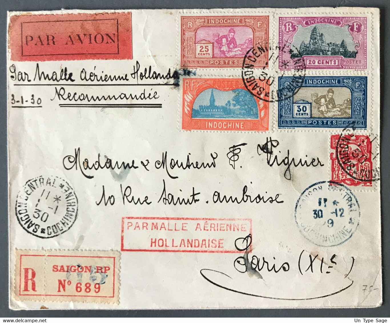 Indochine Divers Sur Enveloppe De Saigon 11.1930 + Griffe PAR MALLE AERIENNE HOLLANDAISE - (B1399) - Briefe U. Dokumente