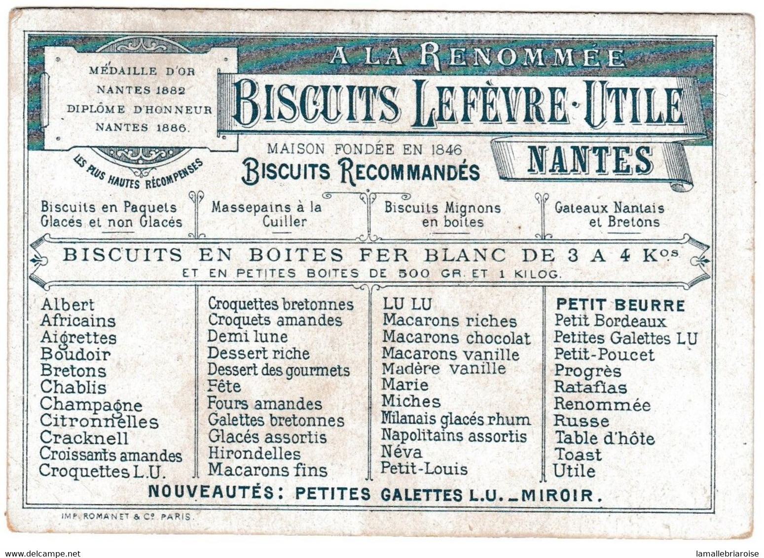 Chromo Lefevre Utile, Personnages Et Biscuits, Tour Doré, Verso écrit En Vert, Petites Galettes LU, Miroir - Lu