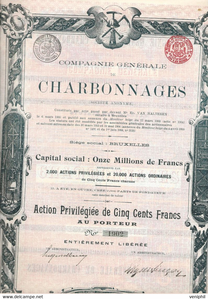 COMPAGNIE GENERALE DES CHARBONNAGES - TIRAGE 2000 ACTIONS PRIVILEGIEE DE 500 FRS -ANNEE 1906 - Bergbau