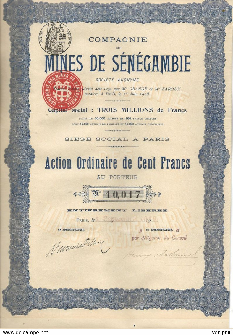 COMPAGNIE  DES MINES DE SENEGAMBIE -ACTION DE 100 FRS - ANNEE 1908 - Mines