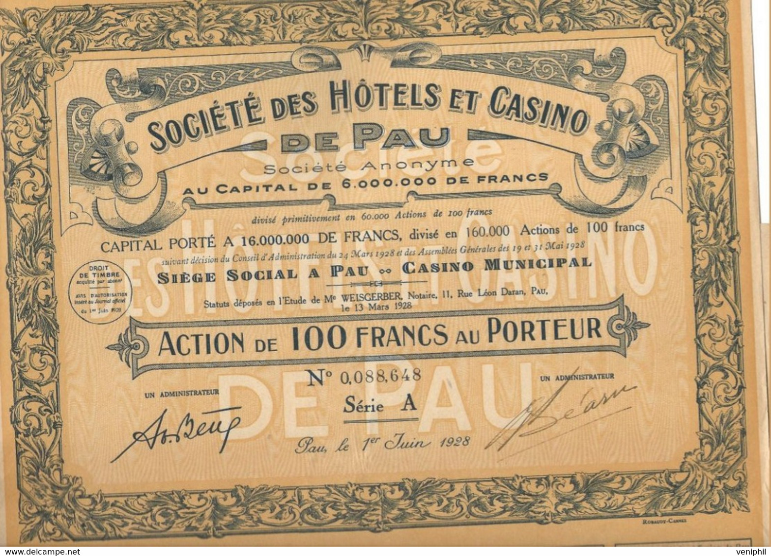 SOCIETE DES HOTELS ET CASINO DE PAU - ACTION DE 100 FRS -SERIE A - ANNEE 1928 - Casino