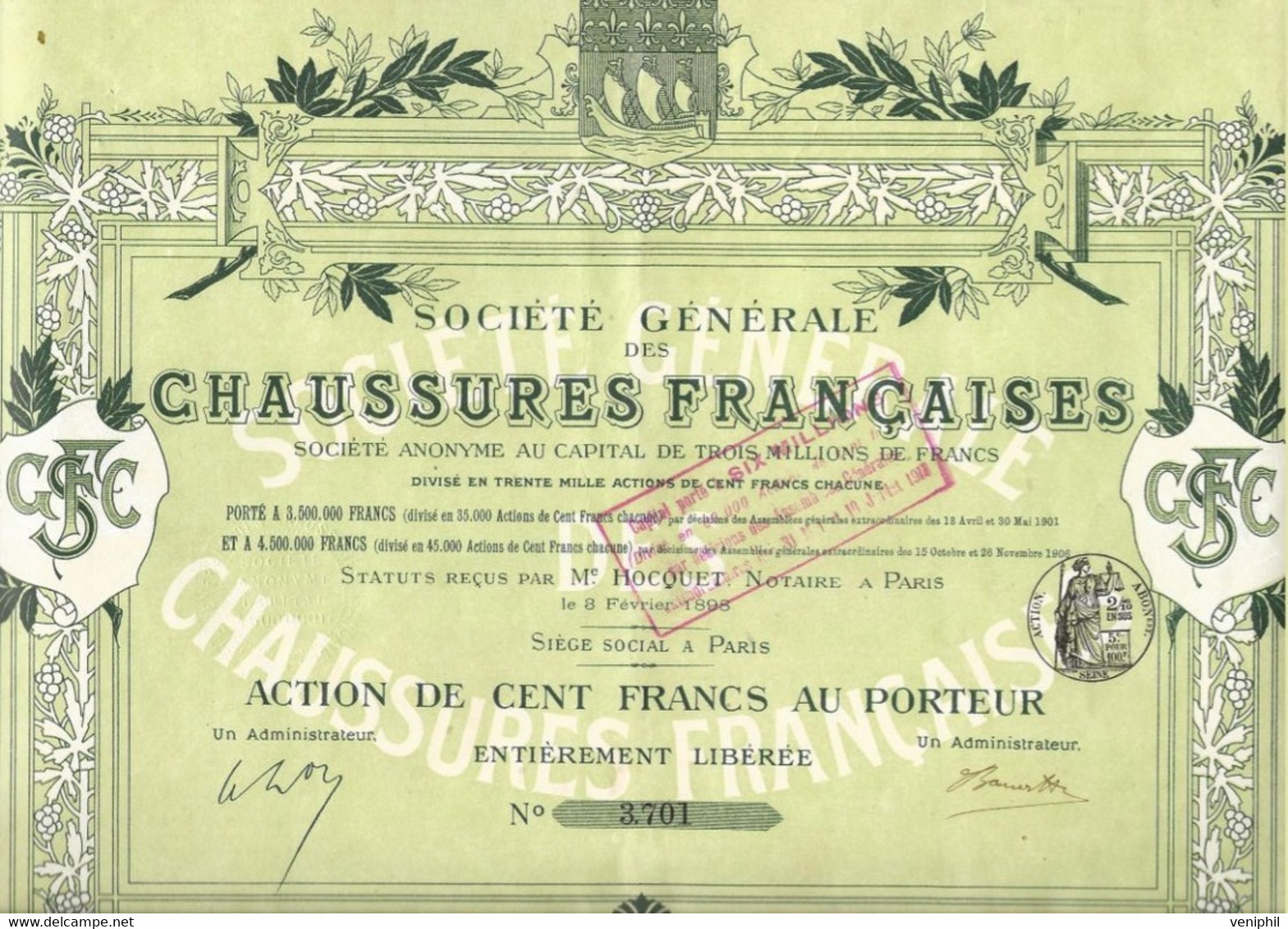 SOCIETE GENERALE DES CHAUSSURES FRANCAISES - ACTION DE CENT FRANCS - ANNEE 1898 - Textile