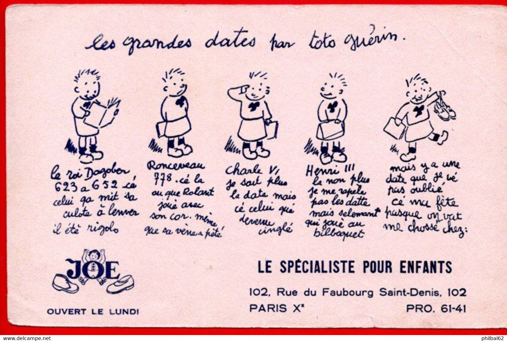 Buvard Joe, Le Spécialiste Pour Enfants. Illustration : Les Grandes Dates Par Toto Guérin. - Textile & Vestimentaire