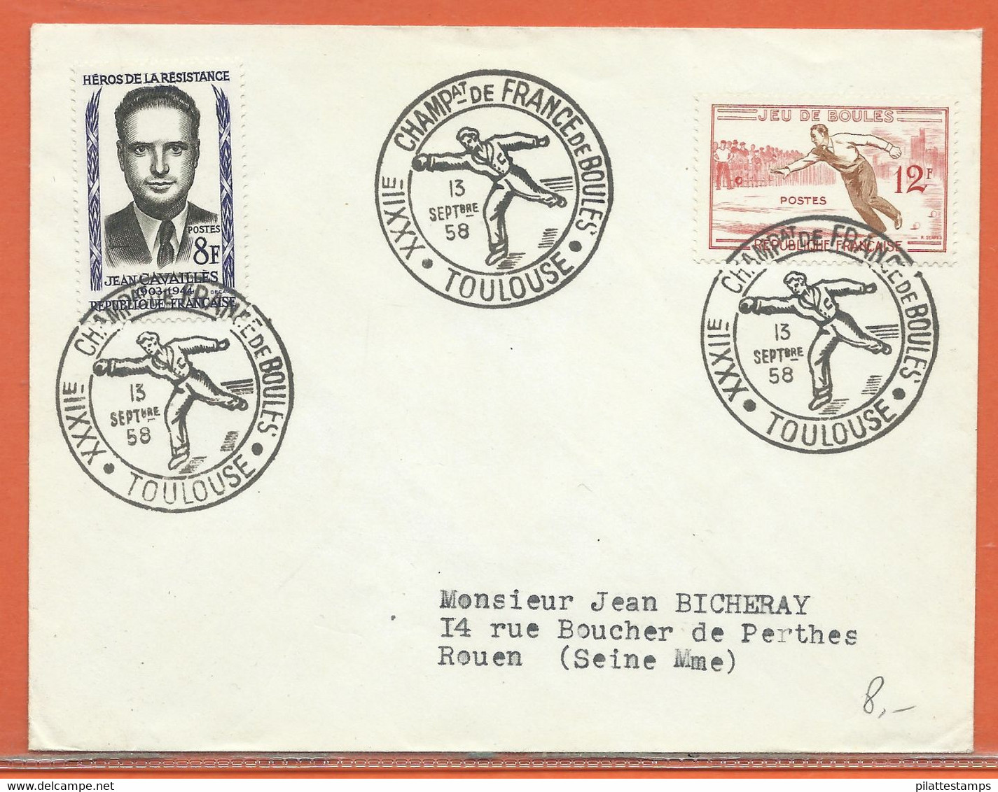 SPORT PETANQUE FRANCE OBLITERATION DE 1958 DE TOULOUSE - Pétanque