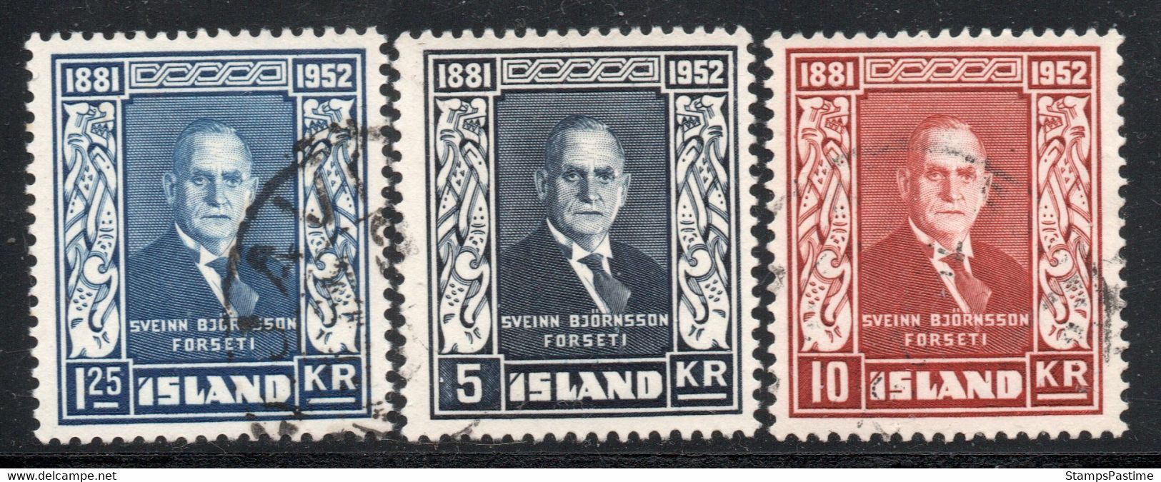 ISLANDIA – ICELAND Serie Completa X 3 Sellos Usados 1° PRESIDENTE SVEINN BJORNSSON Año 1952 – Valorizada € 31,50 - Oblitérés