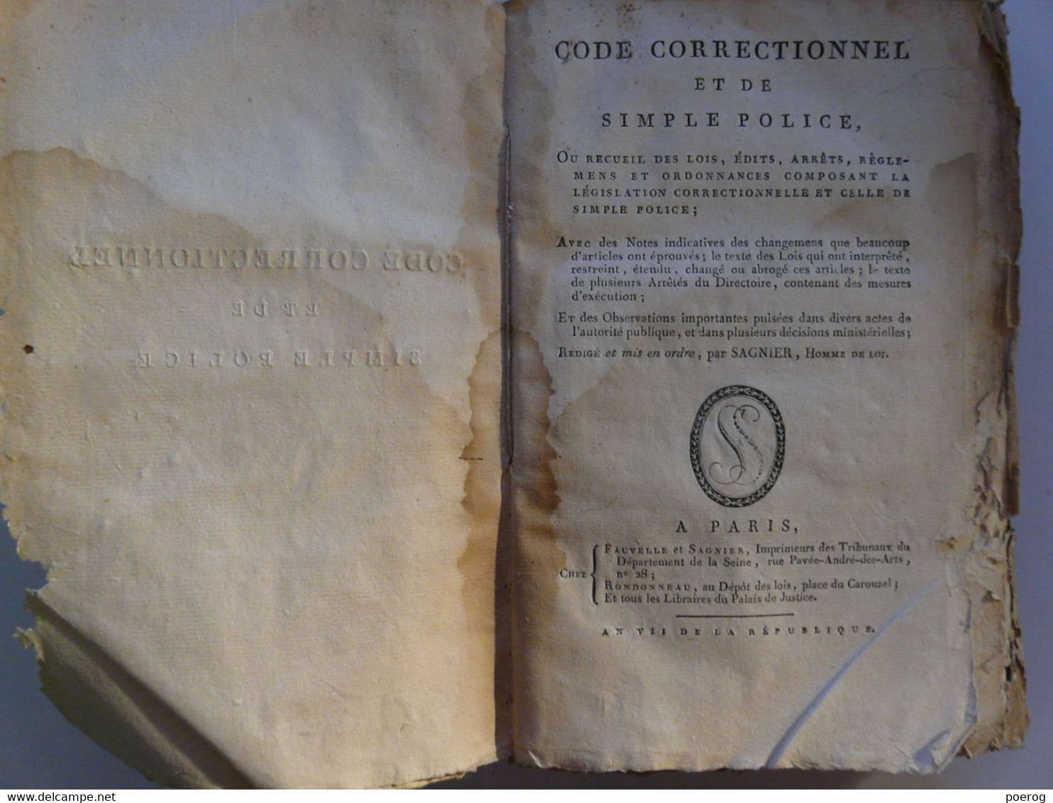 CODE CORRECTIONNEL ET DE SIMPLE POLICE - AN VII - 1799 - FAUVELLE ET SAGNIER PARIS - Decrees & Laws