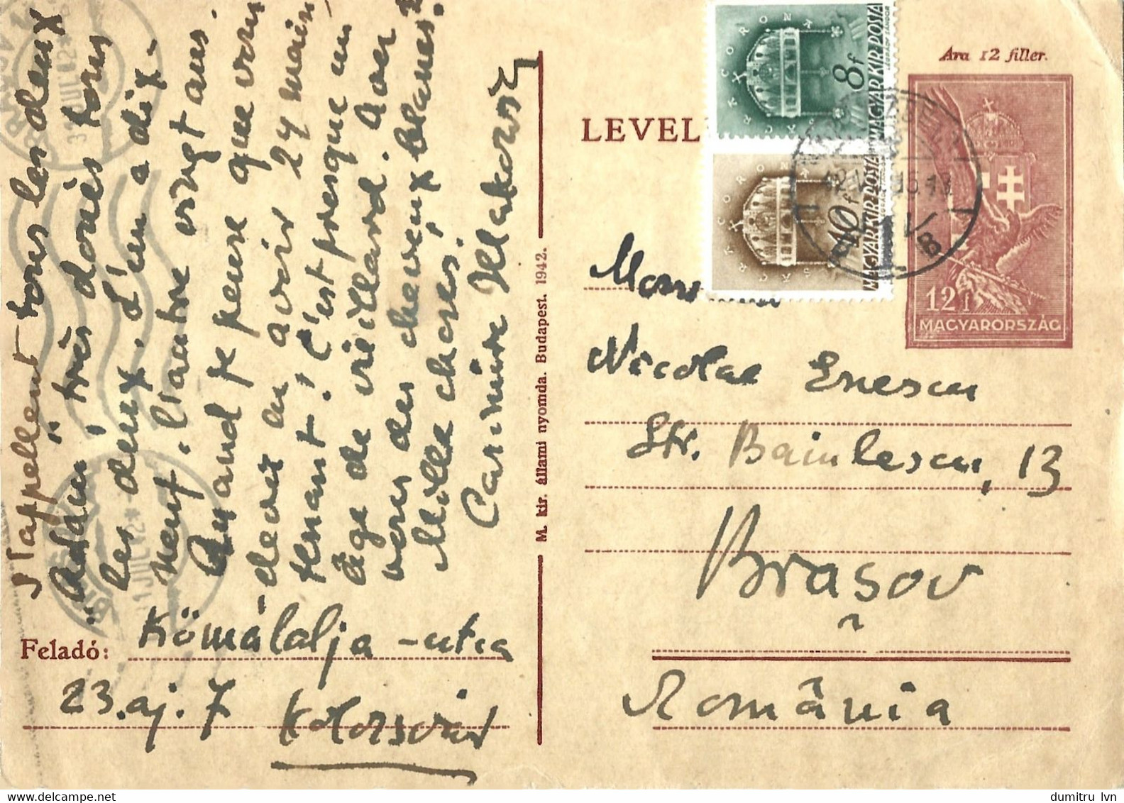 ROMANIA 1942 HUNGARY OCCUPATION IN TRANSYLVANIA, CIRCULATED CLUJ- BRASOV POSTCARD STATIONERY - Ocupaciones