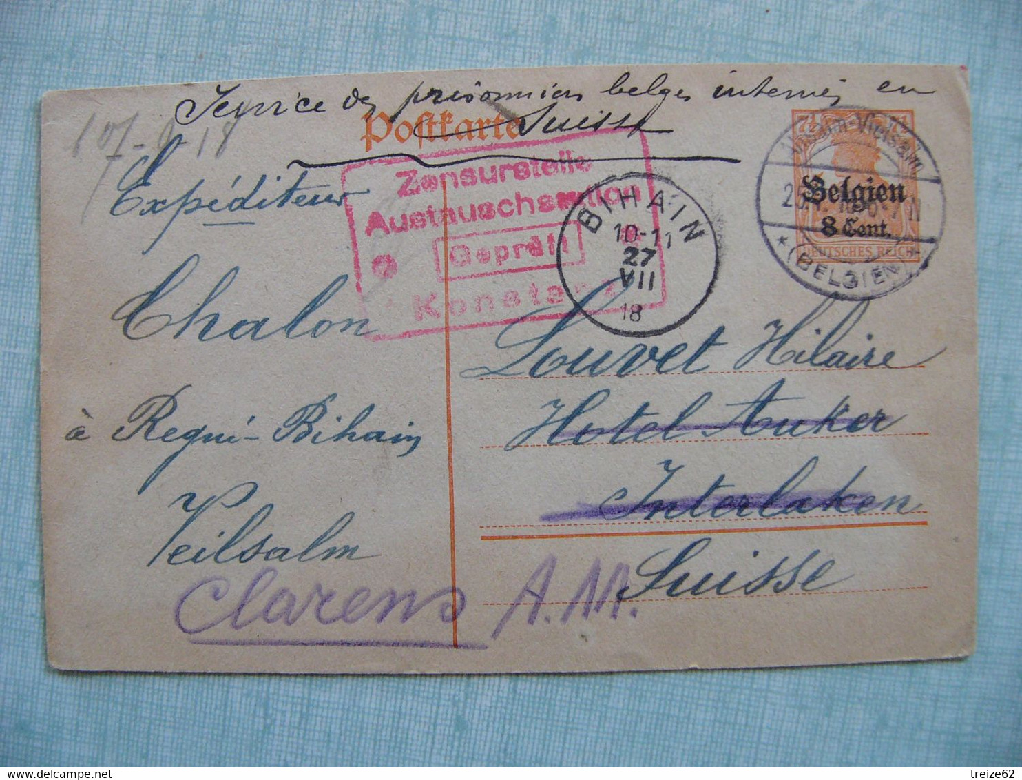 1918 Belgique Carte Correspondance De BIHAIN Veilsalm Adressée à Un Prisonnier Belge Interné En Suisse Interlaken - Prisonniers