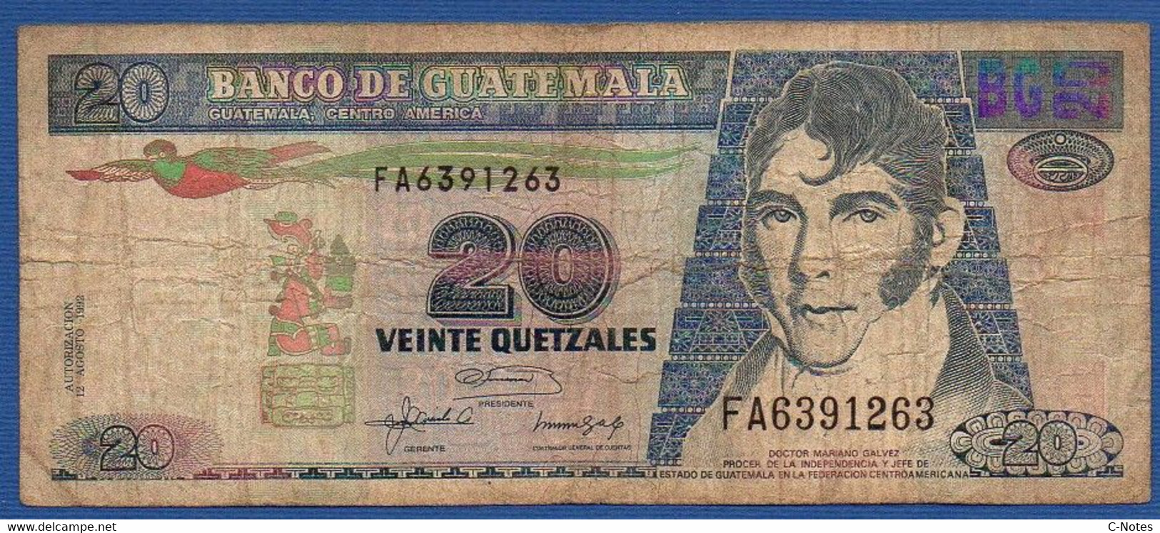 GUATEMALA - P. 83 – 20 Quetzales 1992 Circulated, Serie FA6391263 Printer:	 British American Banknote Company - Guatemala